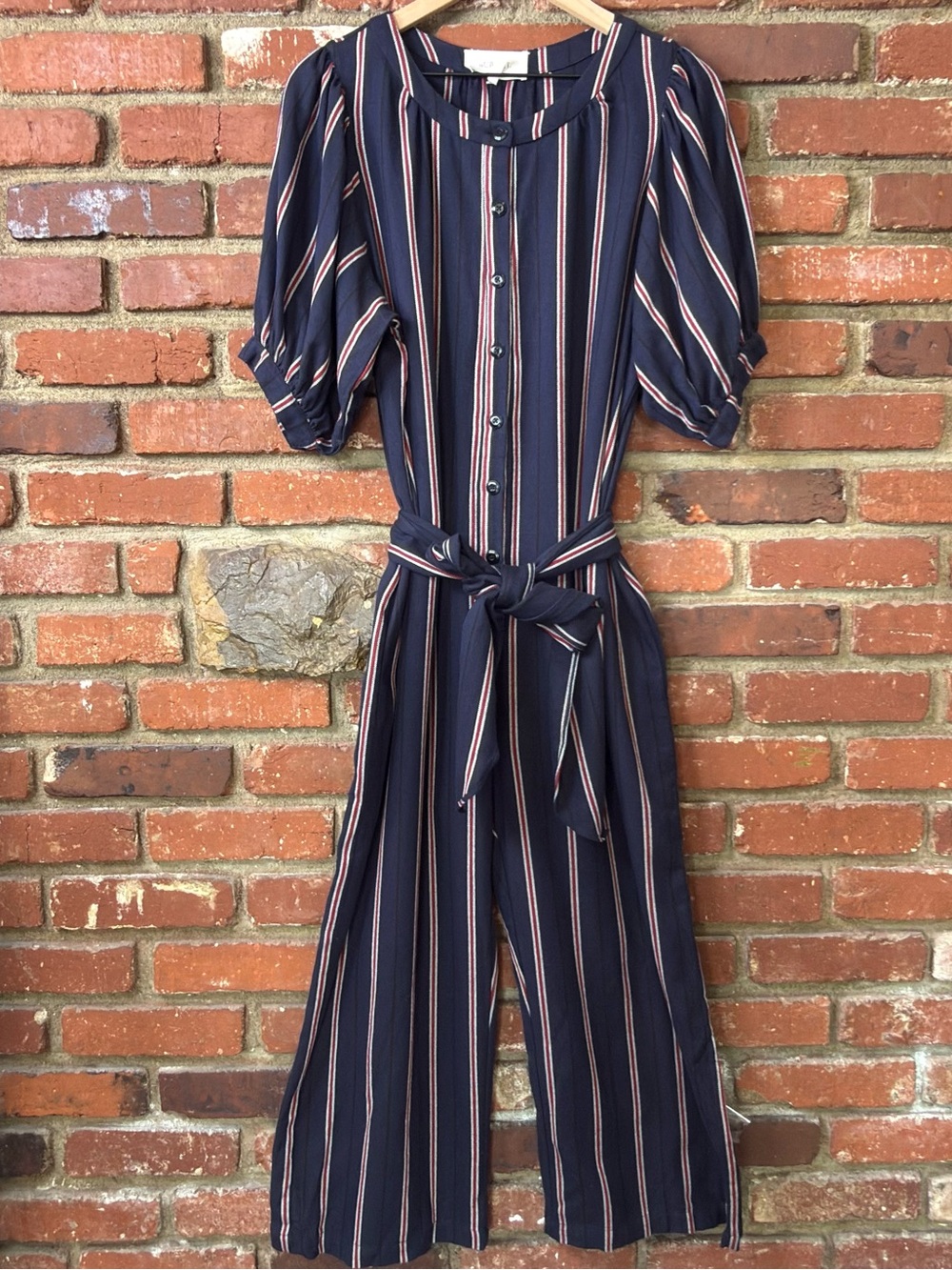 The Great. Homeroom Jumpsuit Oxford Stripe Navy Cropped Wide Leg Size 3 Large